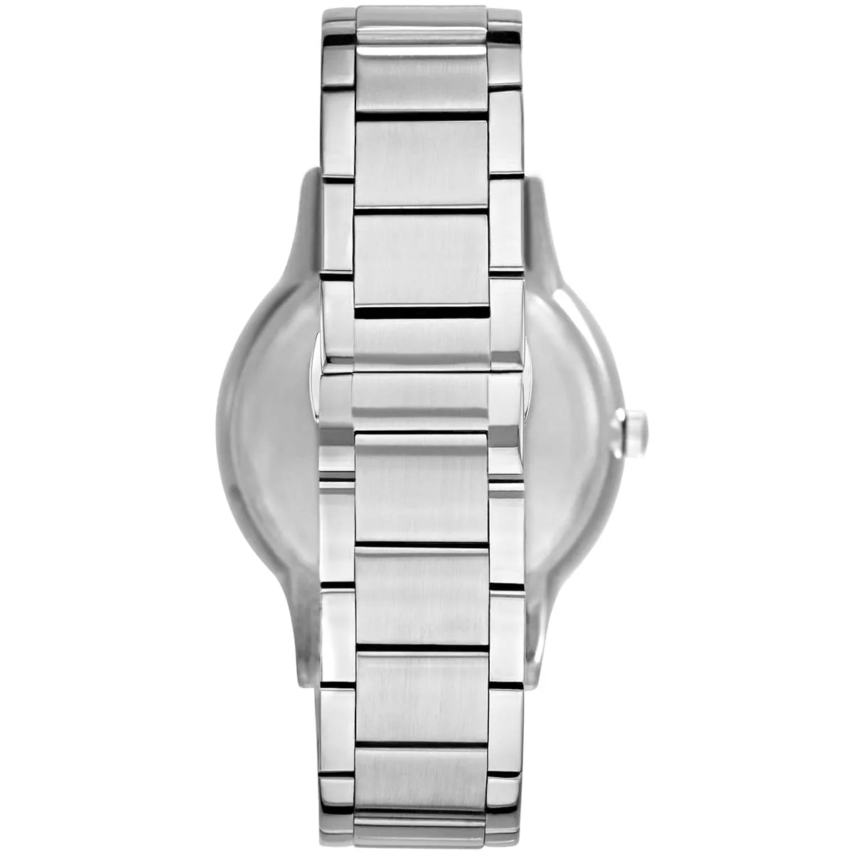 Stainless steel link bracelet of Emporio Armani Renato watch shown from back view