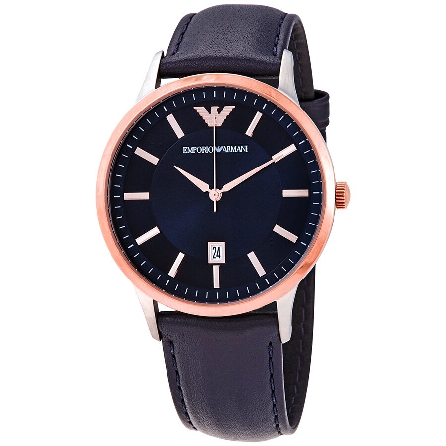 Emporio Armani Renato AR11188 men's watch with blue dial, rose gold case, and navy leather strap