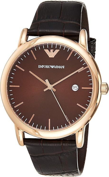 Emporio Armani Renato brown dial rose gold steel watch with black leather strap