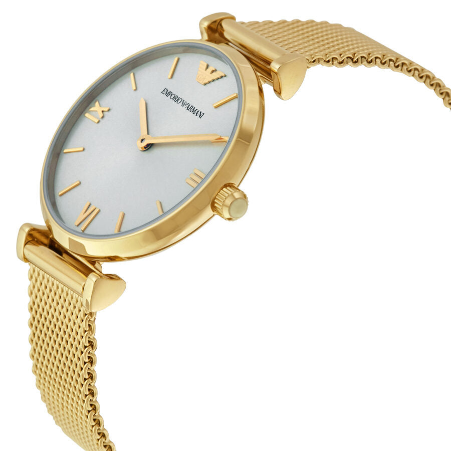 Side angle view of Emporio Armani AR1957 gold watch with Roman numeral dial