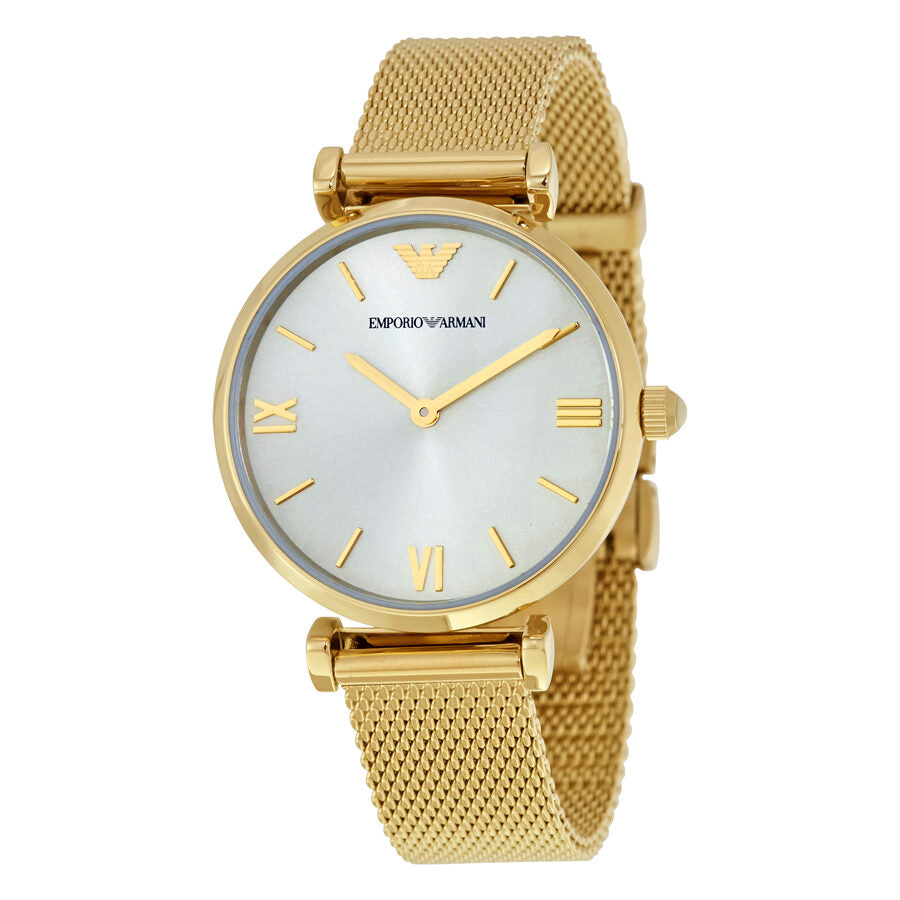 Emporio Armani Retro Gold ladies watch with white dial and gold mesh bracelet