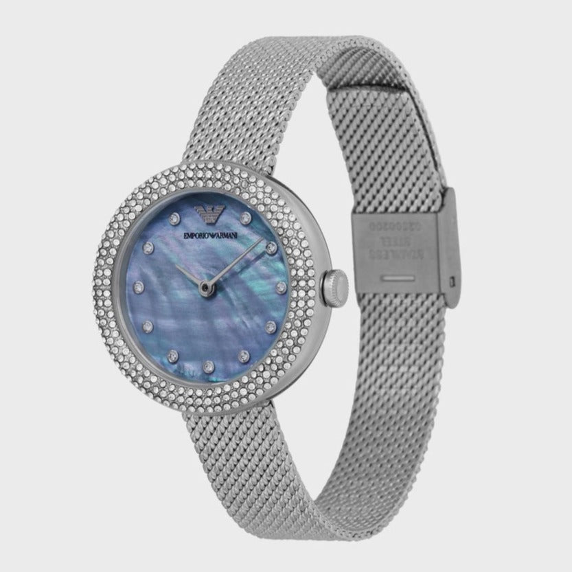 Three-quarter view of Emporio Armani Rosa watch showing blue dial and mesh bracelet