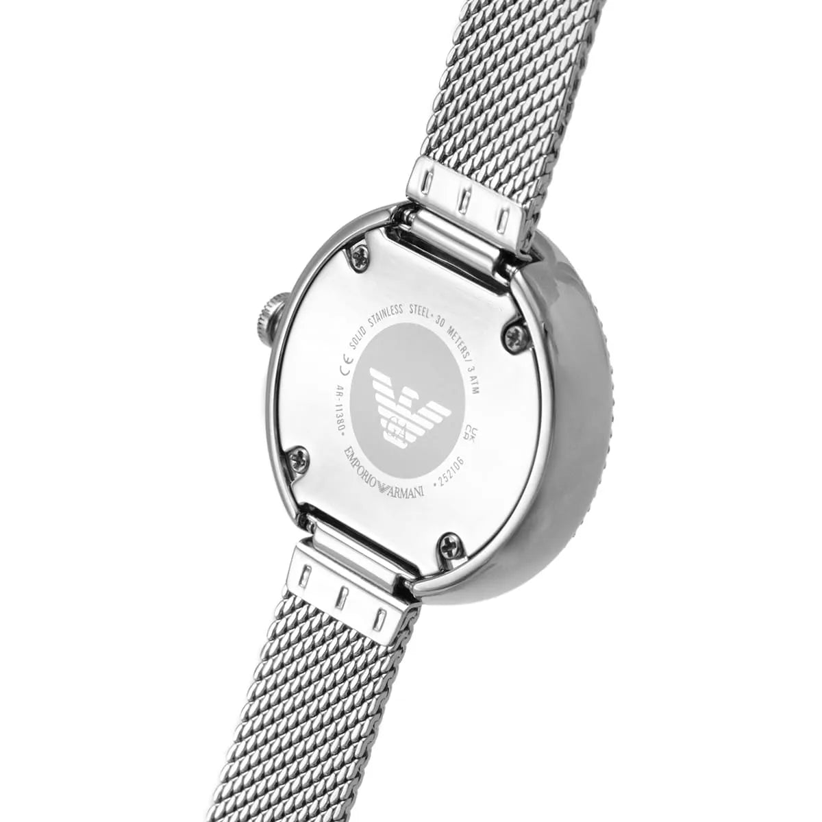 Emporio Armani Rosa watch with mesh bracelet detail and case side profile