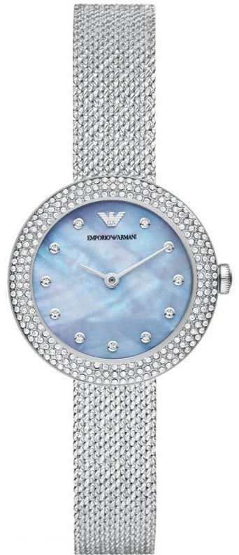 Emporio Armani Rosa watch with blue mother-of-pearl dial, diamond bezel, and silver mesh bracelet