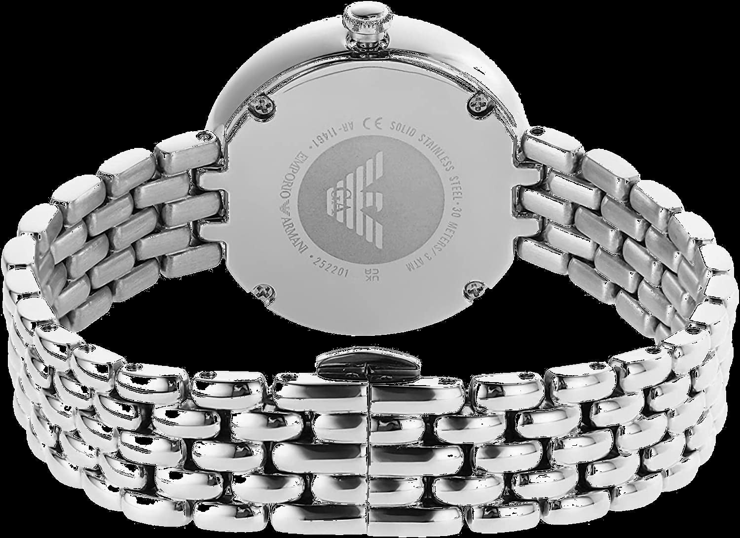 Caseback of Emporio Armani Rosa watch showing stainless steel construction