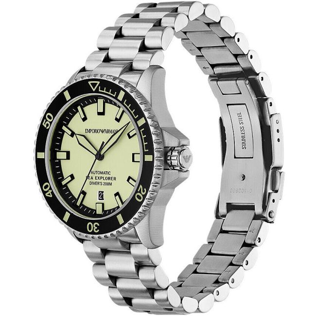 Emporio Armani Sea Explorer AR60083 showing stainless steel band and side profile with black bezel