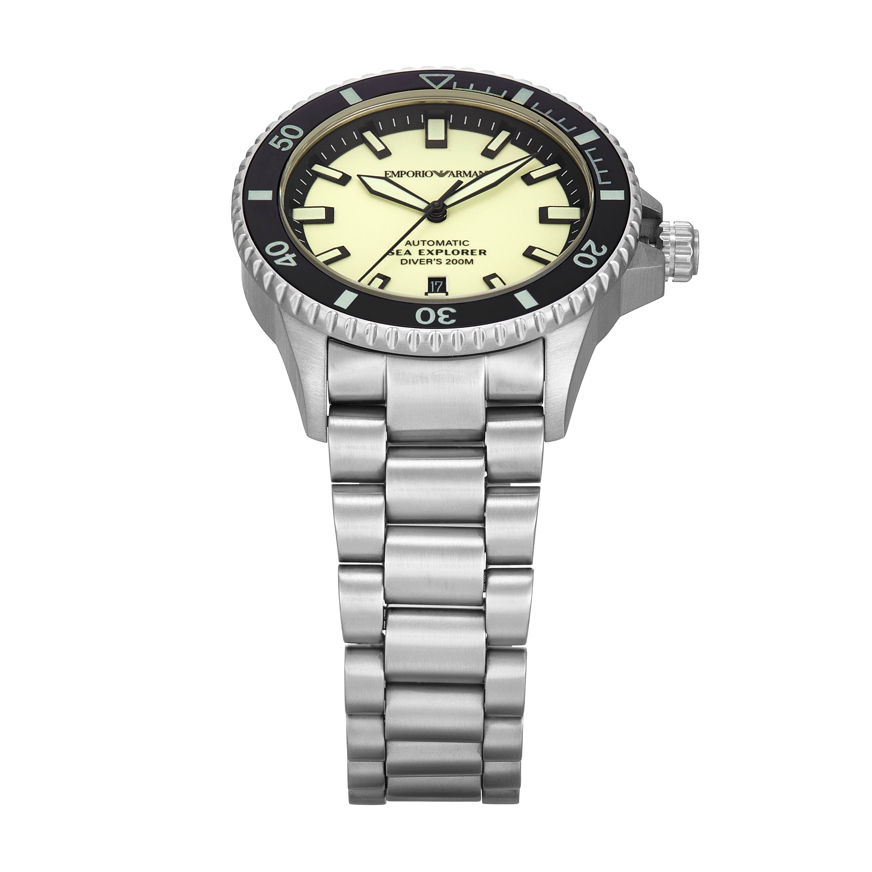Emporio Armani Sea Explorer AR60083 dial detail with cream face and black bezel markings