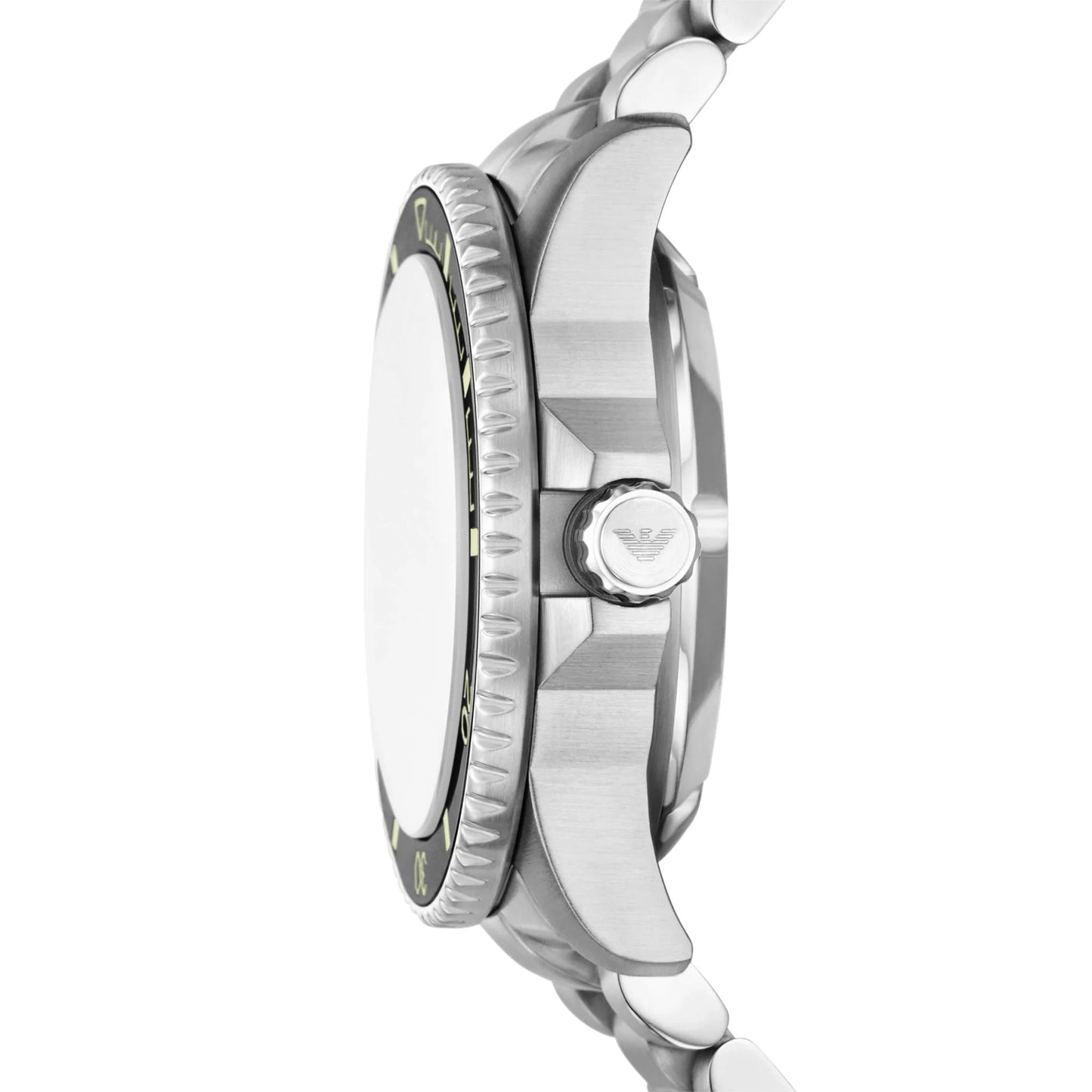 Side view of Emporio Armani Sea Explorer AR60083 automatic watch case and crown