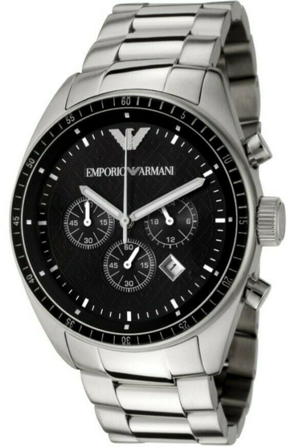 Emporio Armani Sportivo AR0585 chronograph watch with black dial and silver stainless steel bracelet
