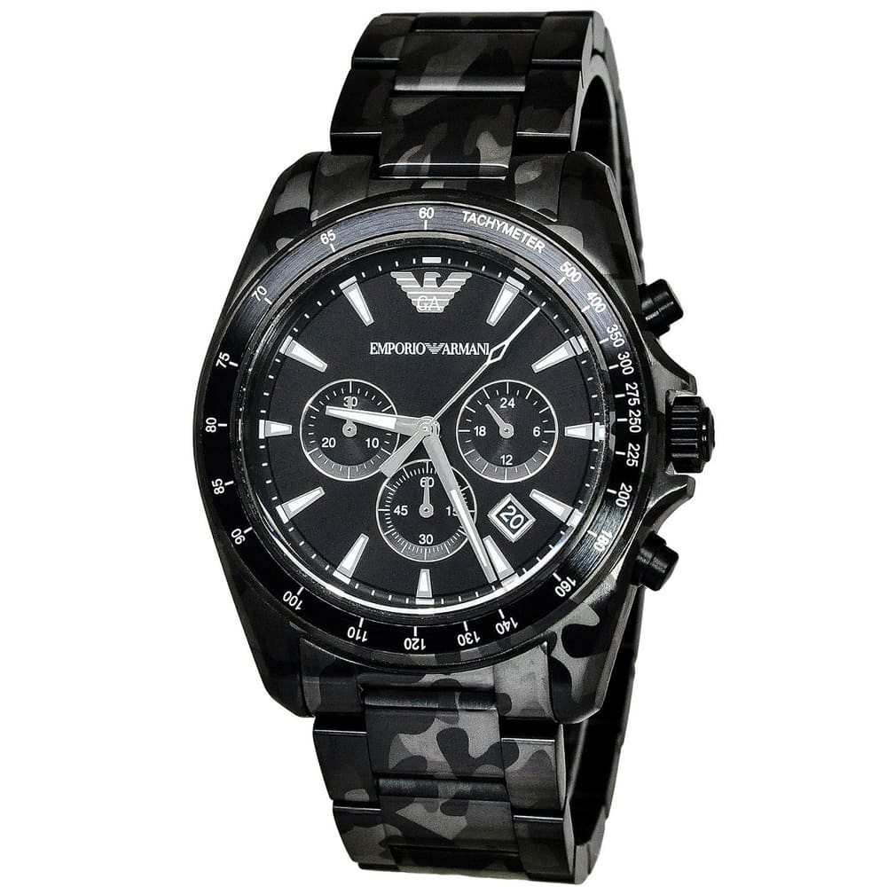 AR11027 three-dial chronograph watch with tachymeter bezel at 45-degree angle