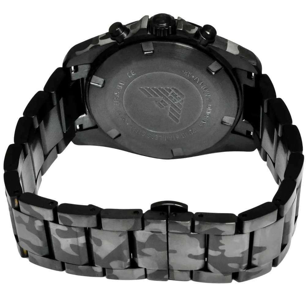 Emporio Armani Sportivo AR11027 caseback with engraved logo and specifications