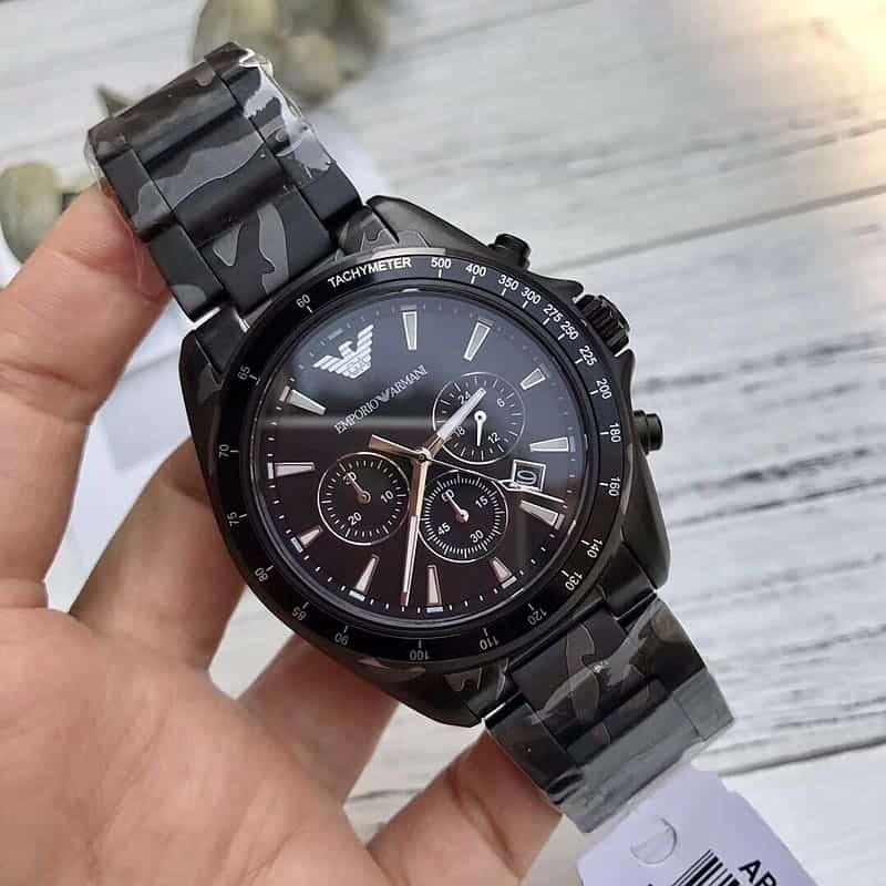 Emporio Armani Sportivo AR11027 worn on wrist showing black dial and metal bracelet