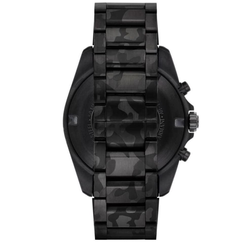 AR11027 watch viewed from side showing black military steel bracelet
