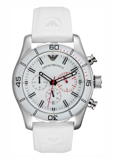 Emporio Armani Sportivo AR5947 chronograph watch with white dial, stainless steel case, and white rubber strap