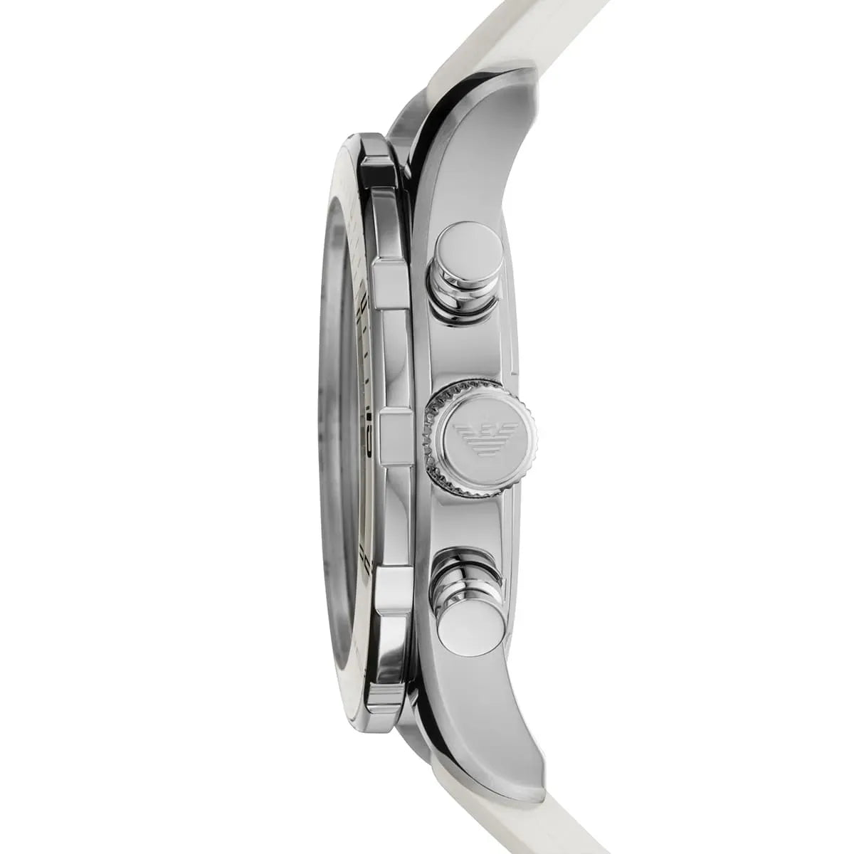Emporio Armani Sportivo AR5947 chronograph watch side profile with white strap and pushers detail
