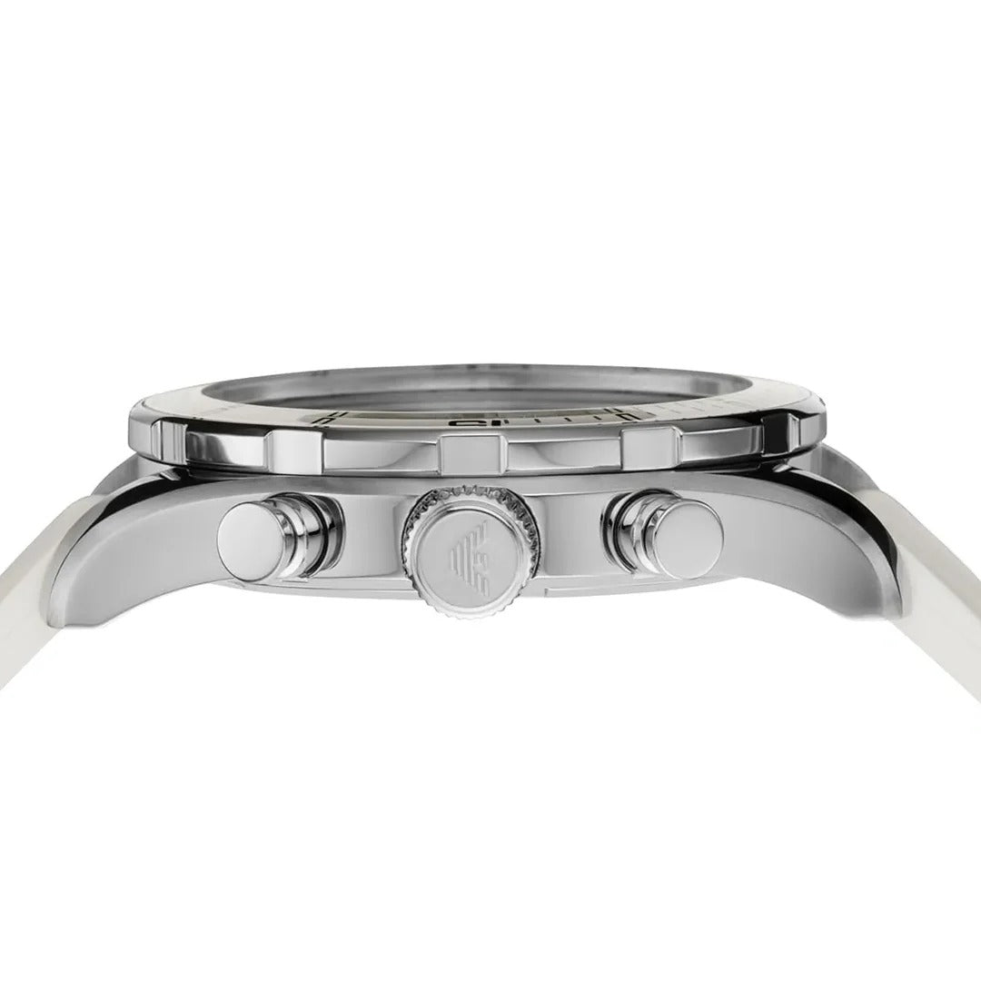 Side view of Emporio Armani Sportivo AR5947 showing stainless steel case and chronograph pushers