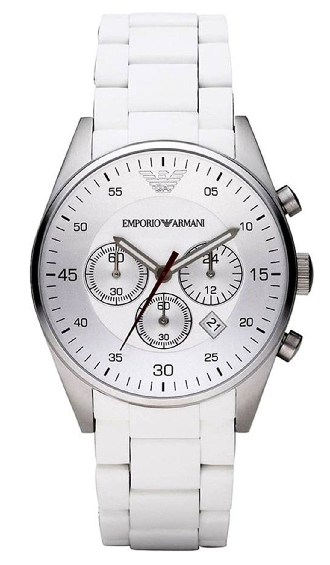 Emporio Armani Tazio chronograph watch with white dial, silver case, and white rubber strap