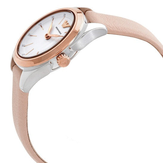 Emporio Armani Valeria AR11031 women's watch on wrist with beige leather strap
