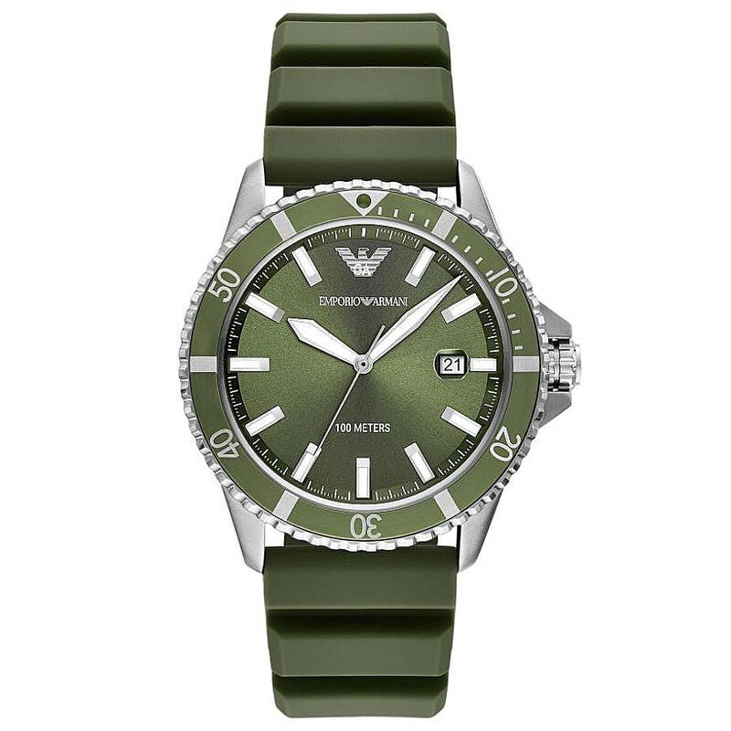 Emporio Armani World Explorer watch with green dial, stainless steel case, and green rubber strap