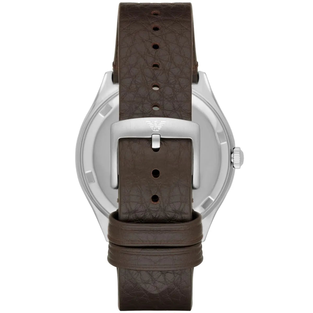 Emporio Armani Zeta caseback showing stainless steel back with logo and dark brown leather strap with stitching