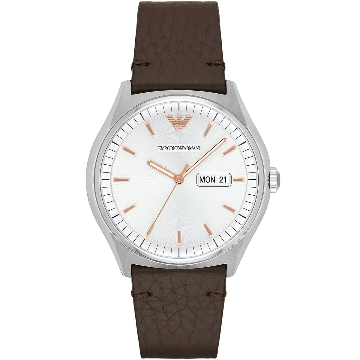 Emporio Armani Zeta men's watch with white sunburst dial, rose gold accents, day-date window, and dark brown leather strap