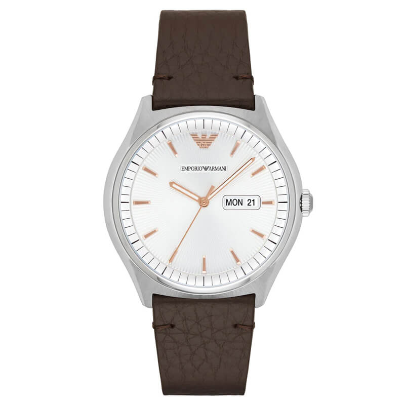 Emporio Armani Zeta men's watch with white dial, rose gold hands and indices, day-date window, stainless steel case, and dark brown leather strap
