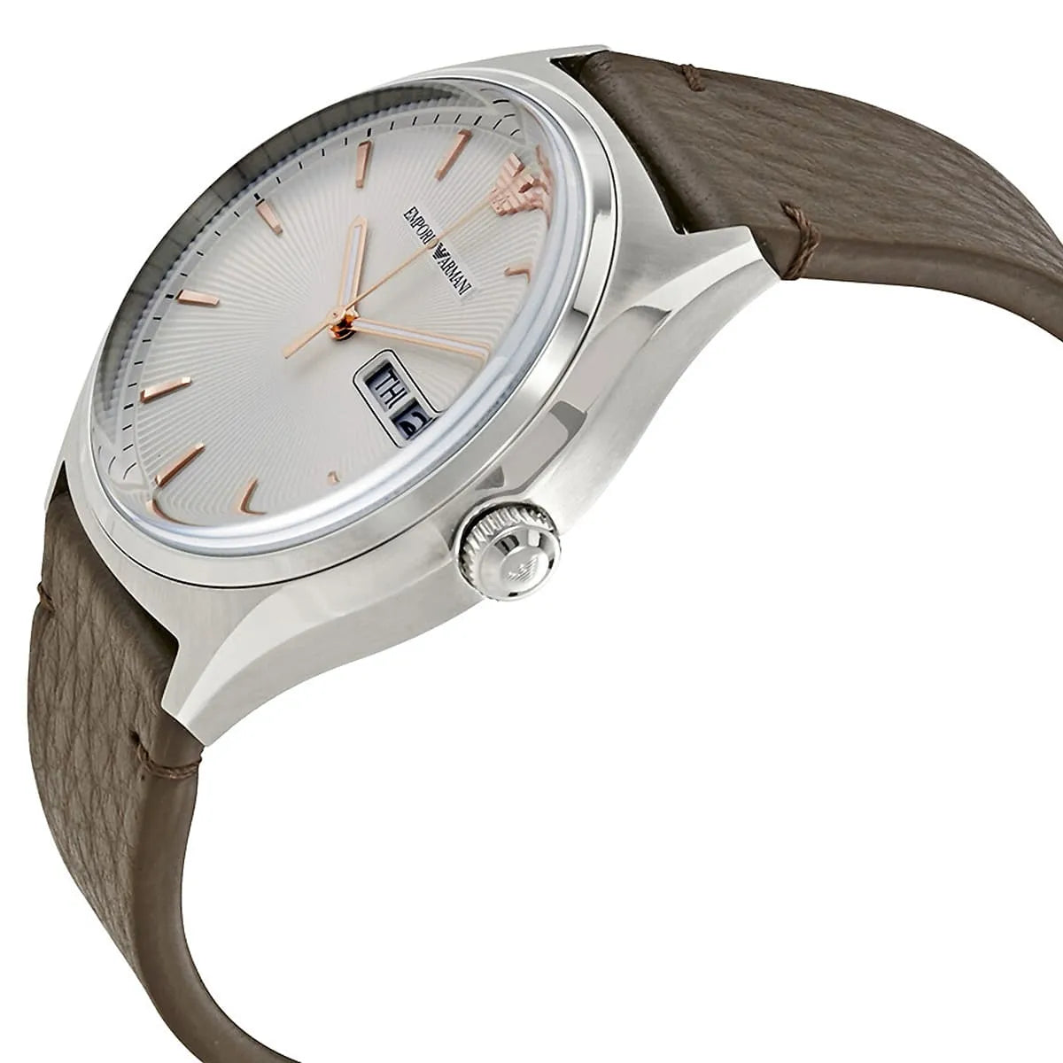 Emporio Armani Zeta men's watch worn on wrist showing white dial with rose gold hands and day-date window, stainless steel case, and brown leather strap