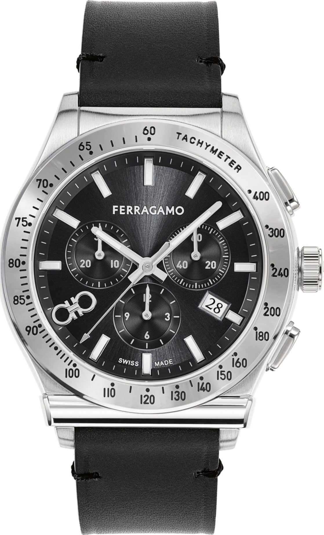 FERRAGAMO 1927 Chrono watch with black dial, silver case, and tachymeter bezel