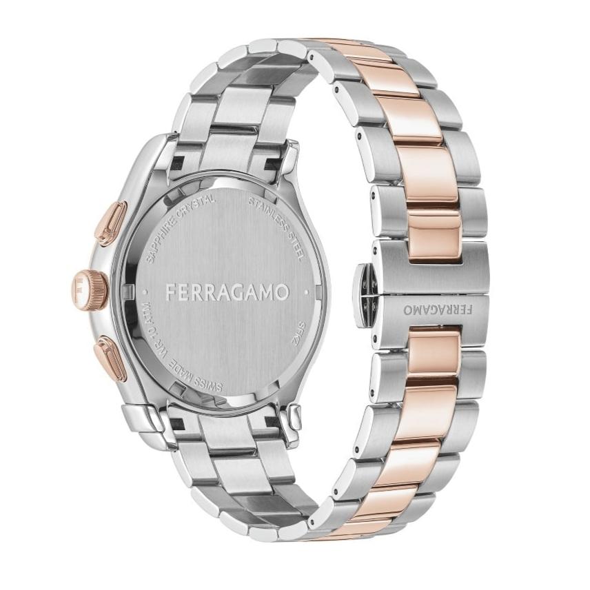 Angled view of Ferragamo 1927 Chrono watch with two-tone steel and rose gold bracelet