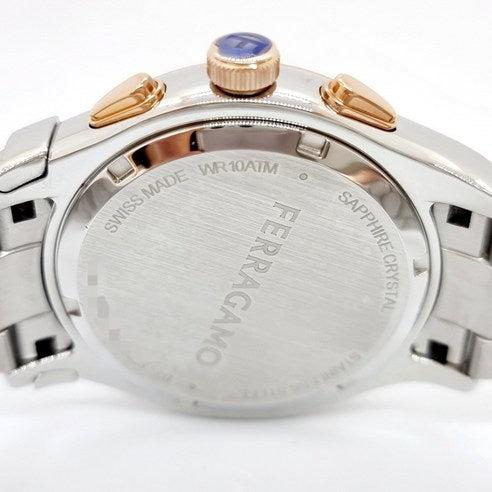 Ferragamo 1927 Chrono caseback showing Swiss Made marking and sapphire crown