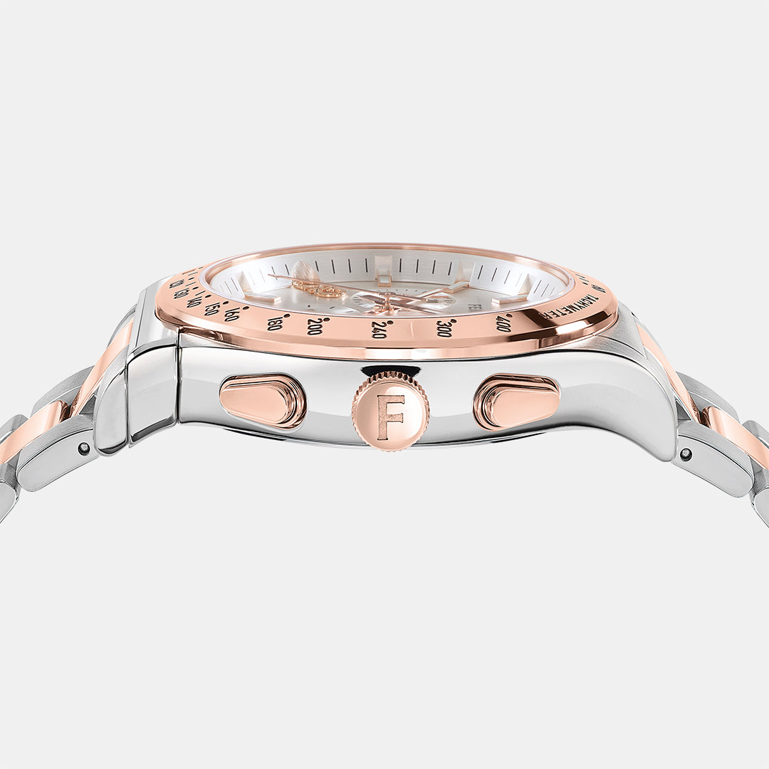 Side profile of Ferragamo 1927 Chrono watch showing two-tone case and bracelet