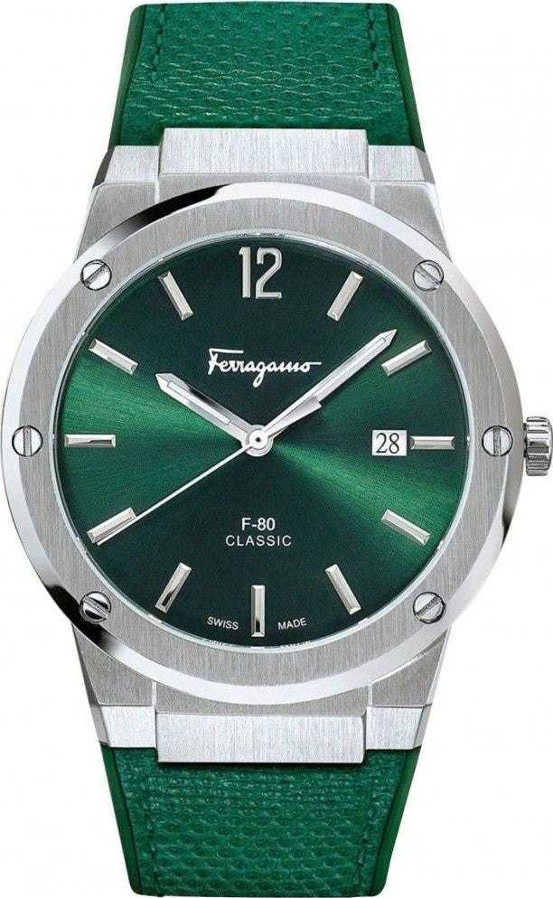 Ferragamo F-80 Classic men's watch featuring green strap and dark green dial with steel case