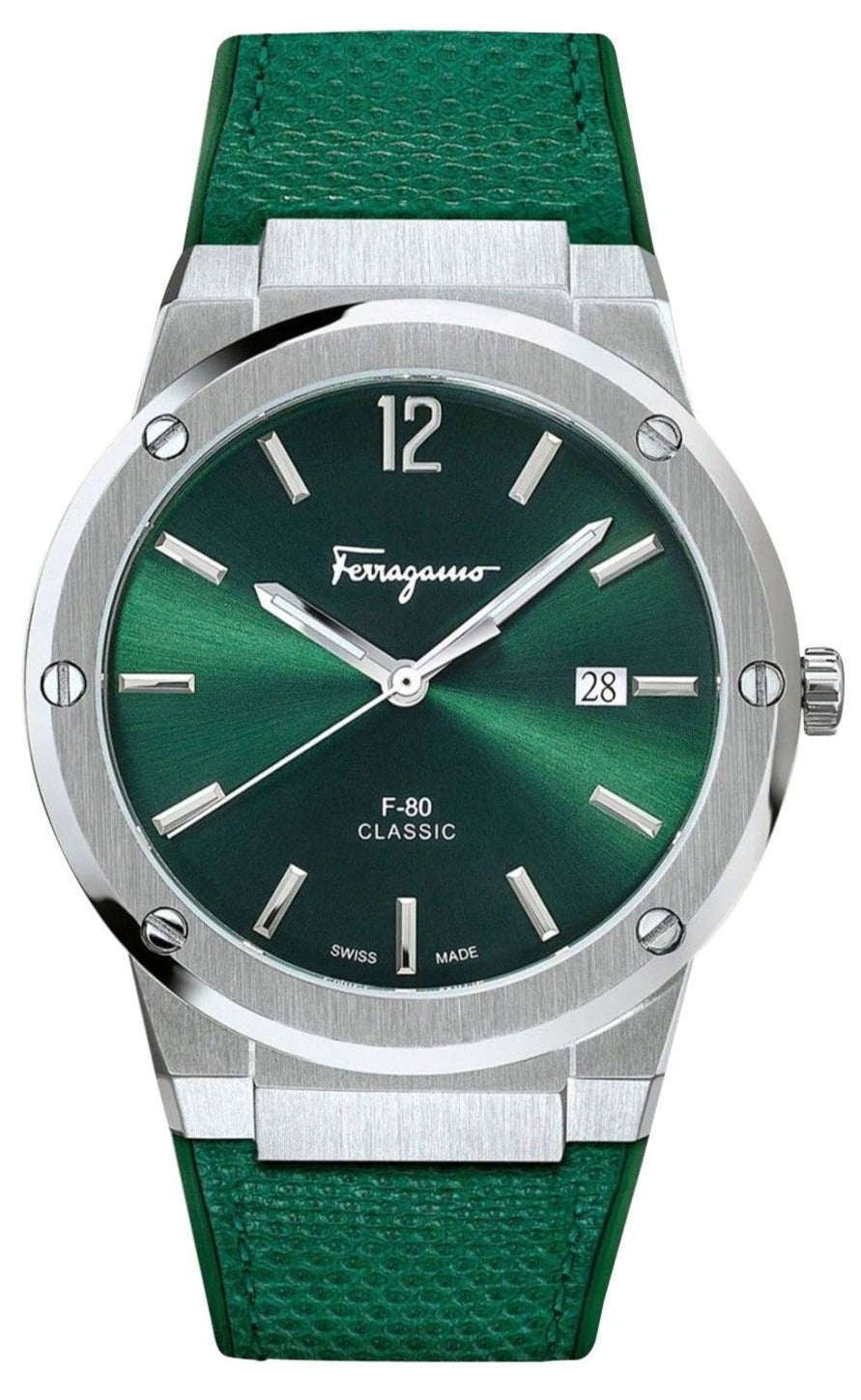 Ferragamo F-80 Classic watch with green silicone strap and steel dial, 42mm