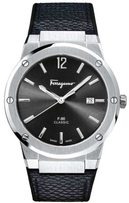 Ferragamo F-80 Classic watch with black dial, stainless steel case, and black leather strap