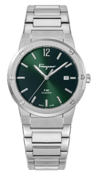 Ferragamo F-80 Classic mens watch with green dial and stainless steel bracelet