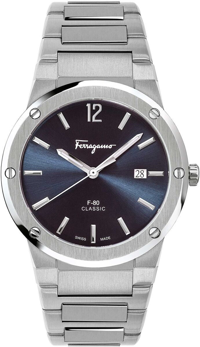 Ferragamo F-80 Classic men's watch with blue dial and stainless steel bracelet