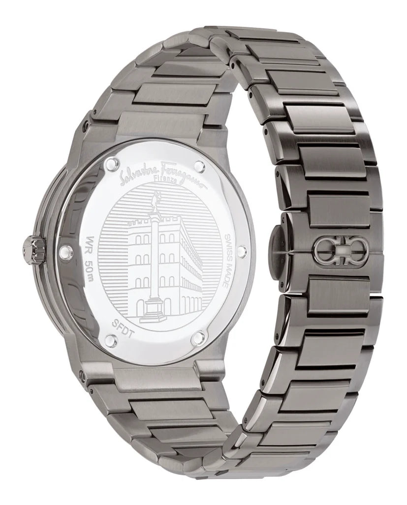 Ferragamo F-80 stainless steel case back with engraved Ferragamo building design