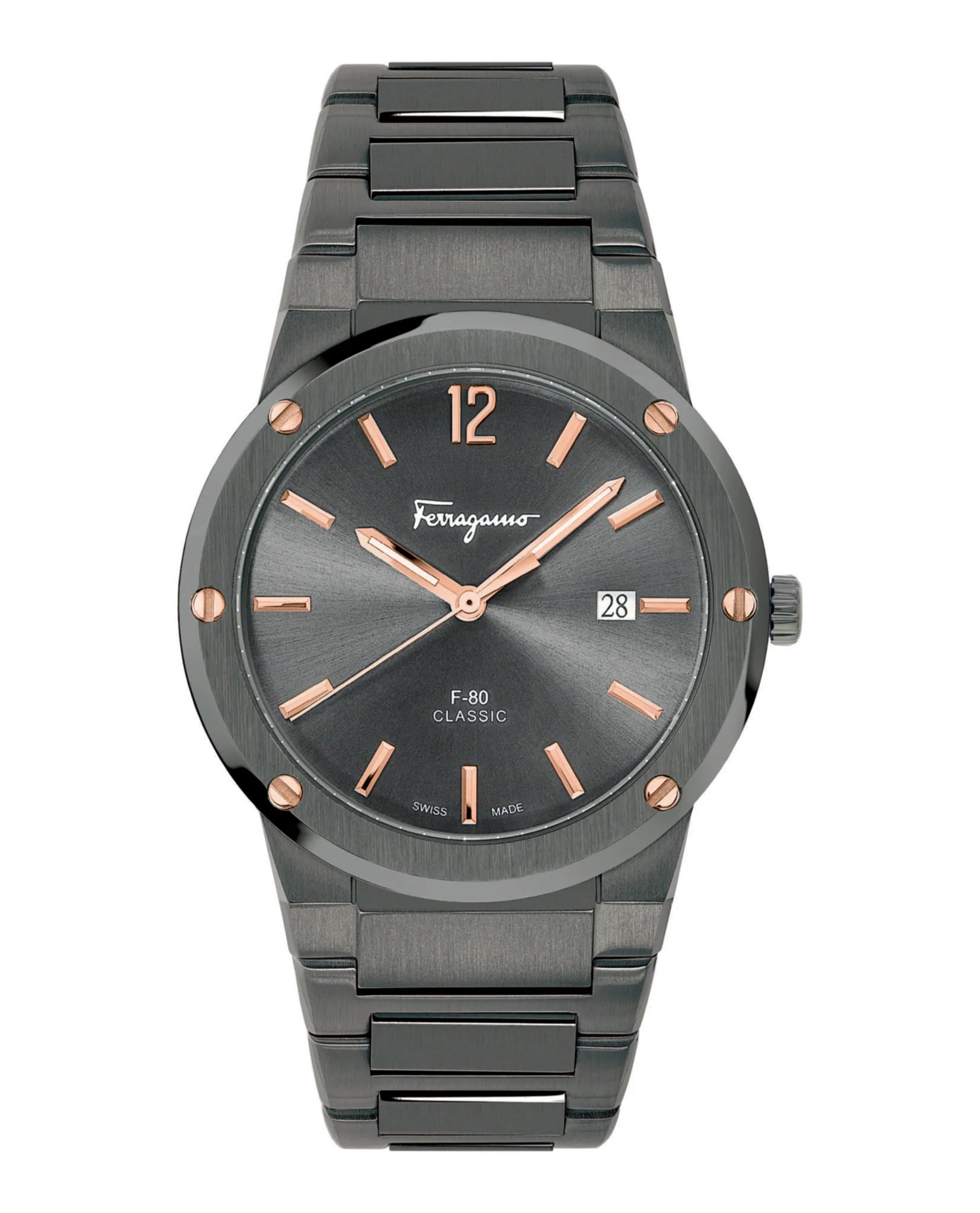 Ferragamo F-80 Classic grey dial watch with rose gold accents and stainless steel bracelet