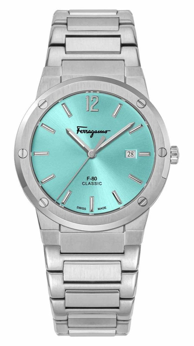 Ferragamo F-80 Classic men's watch with Tiffany blue dial and silver steel bracelet
