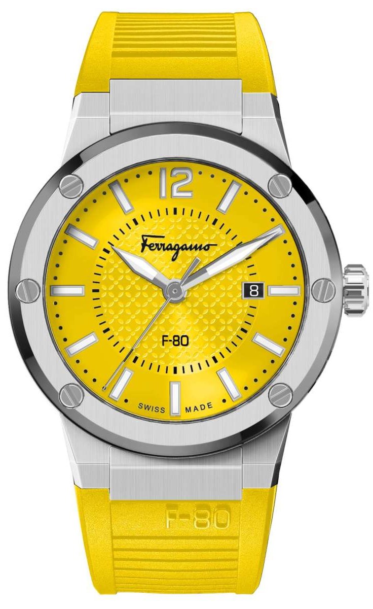 Ferragamo F-80 men's watch with yellow dial, stainless steel case and yellow rubber strap