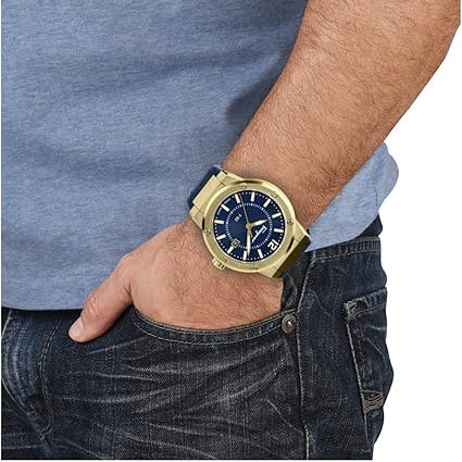 Ferragamo F-80 watch worn on wrist with blue dial and gold-tone case