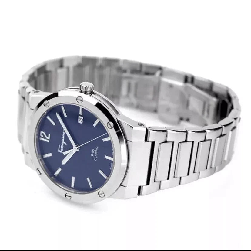 Ferragamo F-80 stainless steel watch with blue dial on wrist angle view