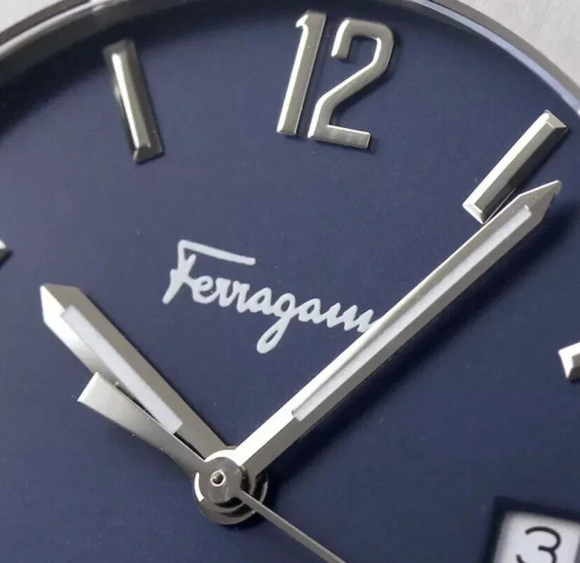 Ferragamo F-80 watch dial detail showing numerals and Ferragamo signature
