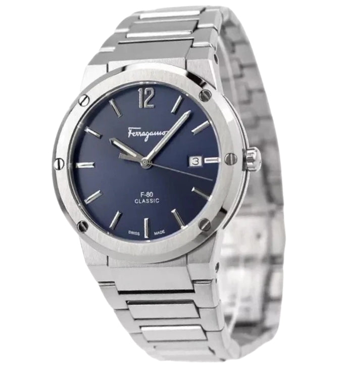 Ferragamo F-80 Slim Classic stainless steel men's watch with blue dial