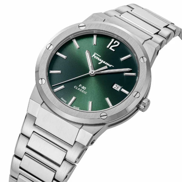 Ferragamo F-80 watch at angle showing stainless steel bracelet and green sunburst dial