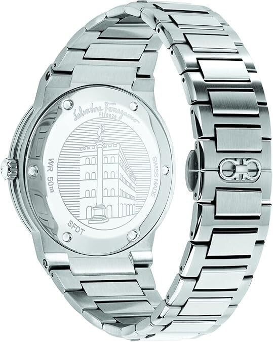 Ferragamo F-80 caseback with architectural building engraving and stainless steel bracelet