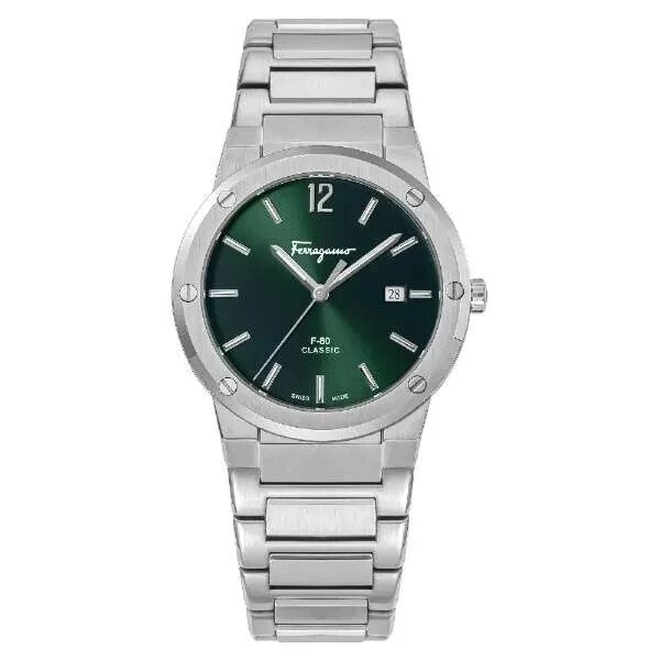 Ferragamo F-80 silver stainless steel watch with green dial and applied indices