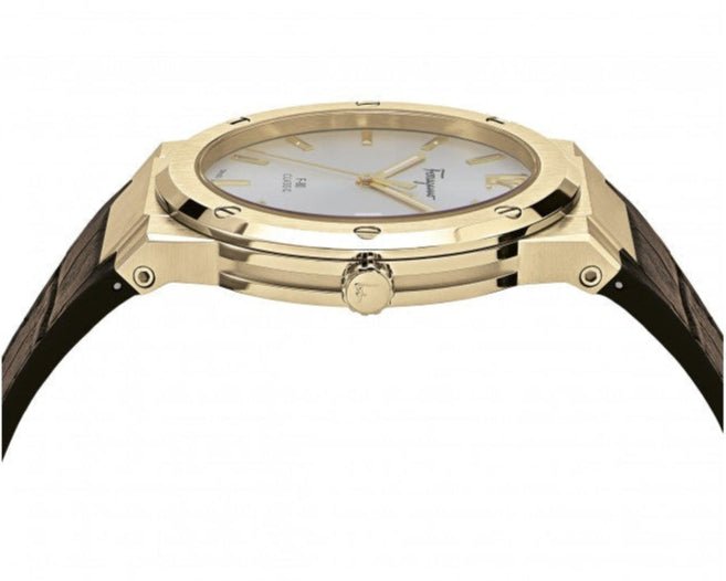 Ferragamo F-80 watch angled view showing gold case side profile and dark leather strap