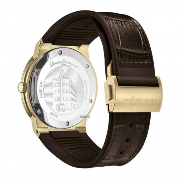 Ferragamo F-80 watch caseback showing engraved building design and logo