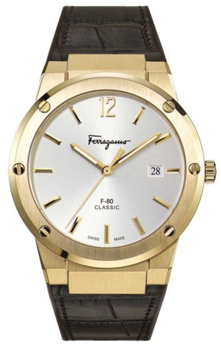 Ferragamo F-80 Classic quartz watch with gold case, white dial, and dark leather strap